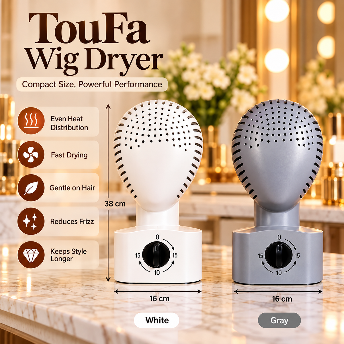 TouFa Wig Dryer white and gray product features